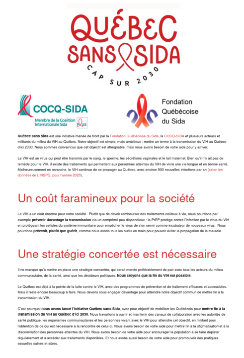 Un site web pour l'initiative Québec sans sida