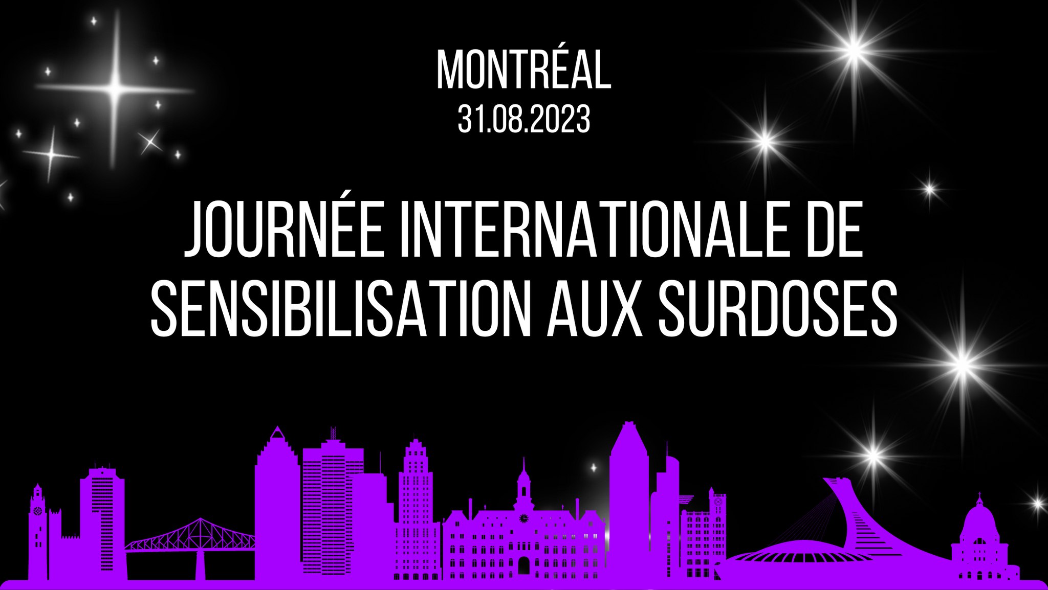 Image de l'horizon d'une ville en noir et mauve avec les mots Montréal 31 août Journée internationale de sensibilisation aux surdoses.